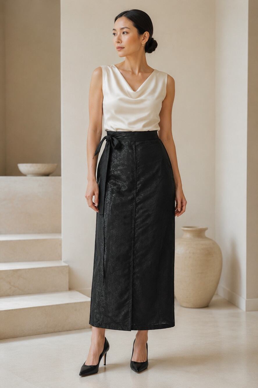 Thai Silk by Apple Black Wrap Maxi Skirt Tonal Print Adjustable S/M Thailand